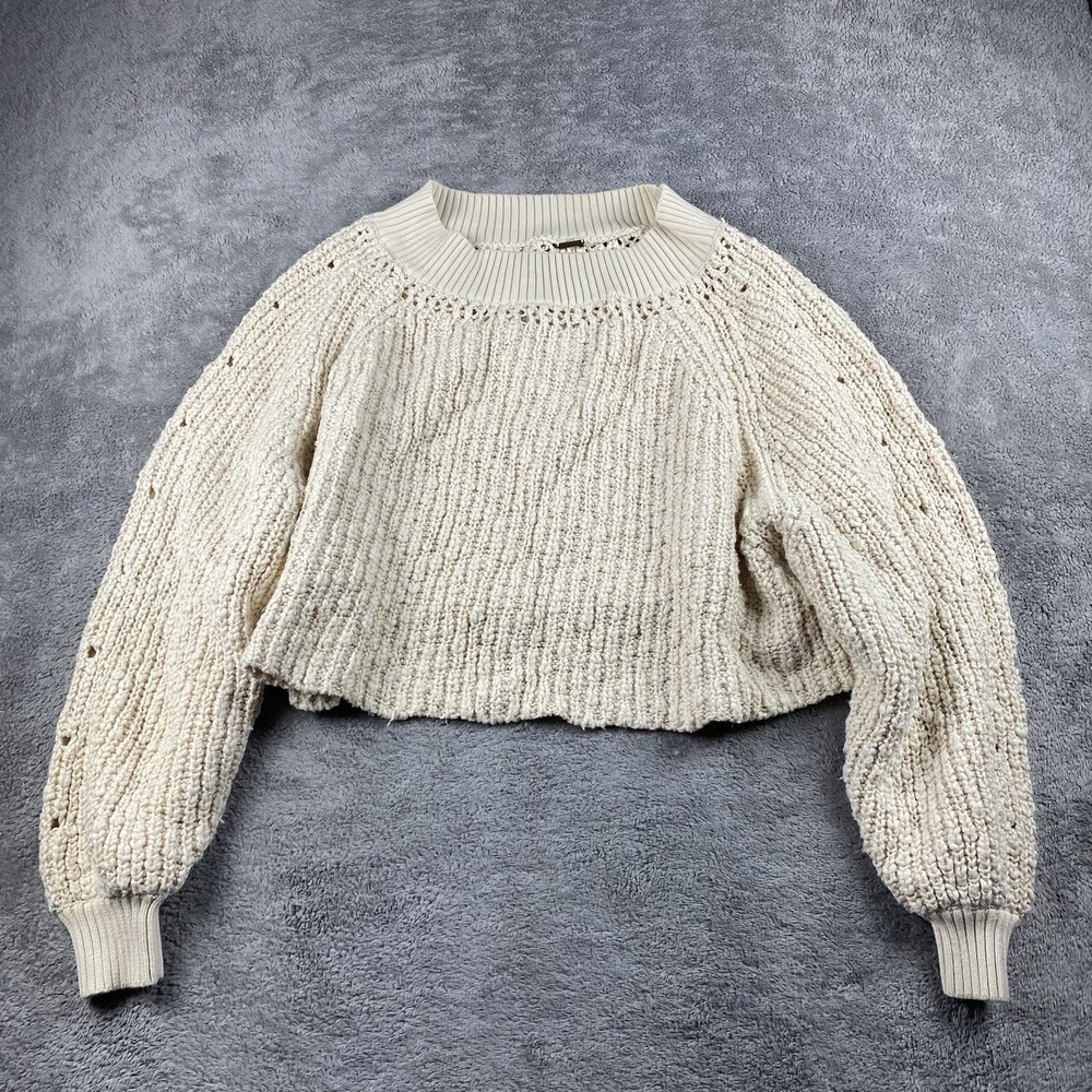 Free People Knit Cropped Sweater Womens Size Small Beige Long Sleeve Pullover